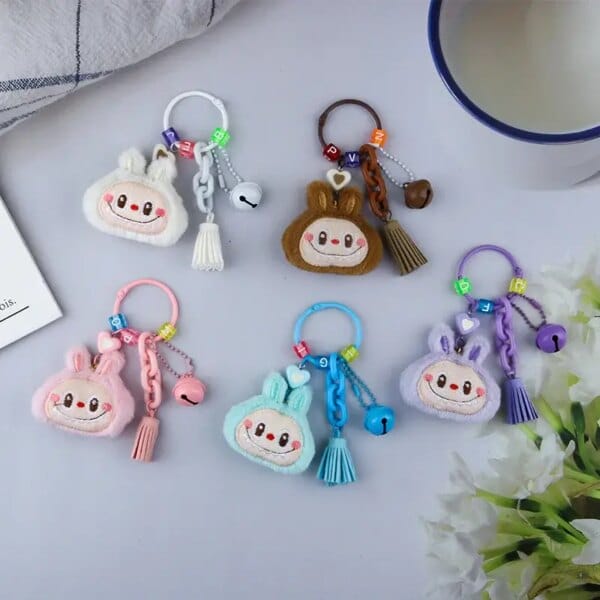 Labubu Keychians Pop Mart ,monster Keyrings Cute Acrylic Cartoon Plush Toy Bell Decoration Hanging Chain Backpack Pendant Gifts