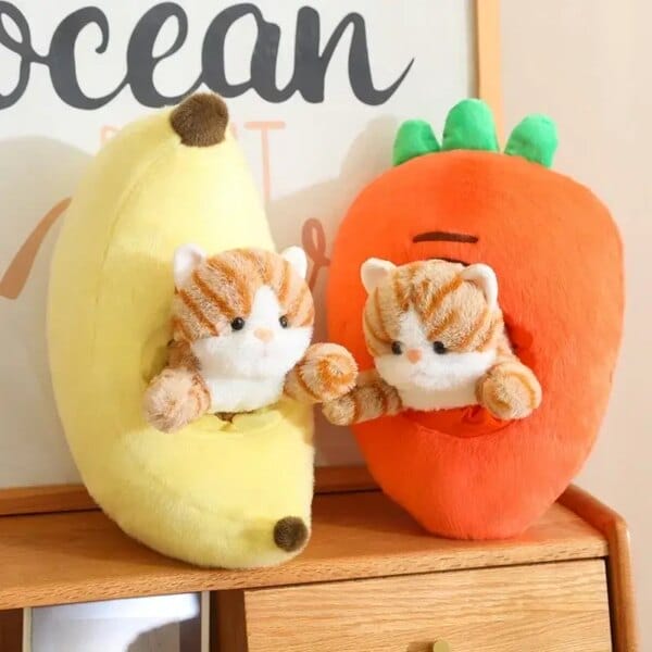 Creative Fruit Cat Plush Toy Cartoon Avocado Banana Strawberry Carrot Kitty Pillow Stuffed Baby Doll Room Decor Birthday Gift