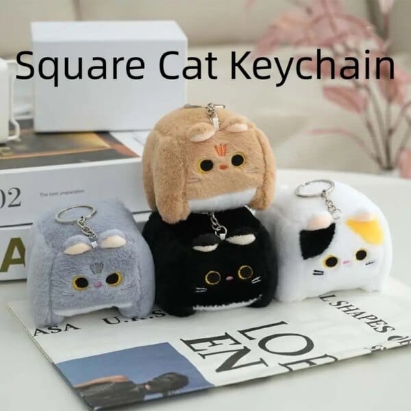 Block Cat Square Cat Plush Keychain Soft Stuffed Animal Calico Cat Plush Toy Blue Cat Fluffy Kitten Plush Doll Keyring
