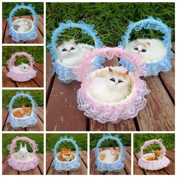 With Hanging Basket Simulation Rabbits Toy Figurines Fur Animal Simulation Cat Doll Miniatures Mini Plush Sleeping Cats