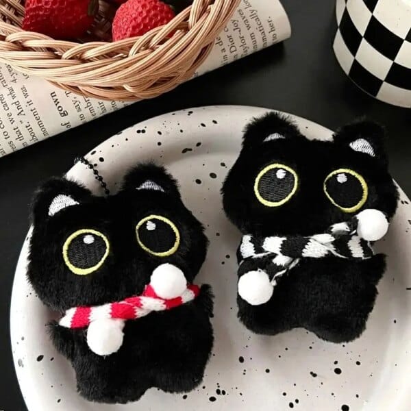 Lovely Soft Squeak Scarf Black Cat Pendant Chirping Cartoon Squeeze Plush Keychain Keyring Toys Plush Stuffed Toys Bag Hanging