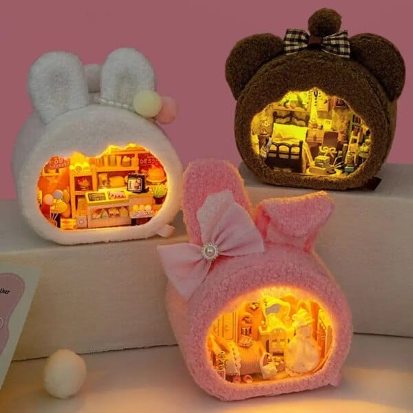 Handmade DIY Mini Wooden Dollhouse Warm Glow LED Lamp Small House Making Kit Plush Craftsmanship Cute Miniature Building Toys
